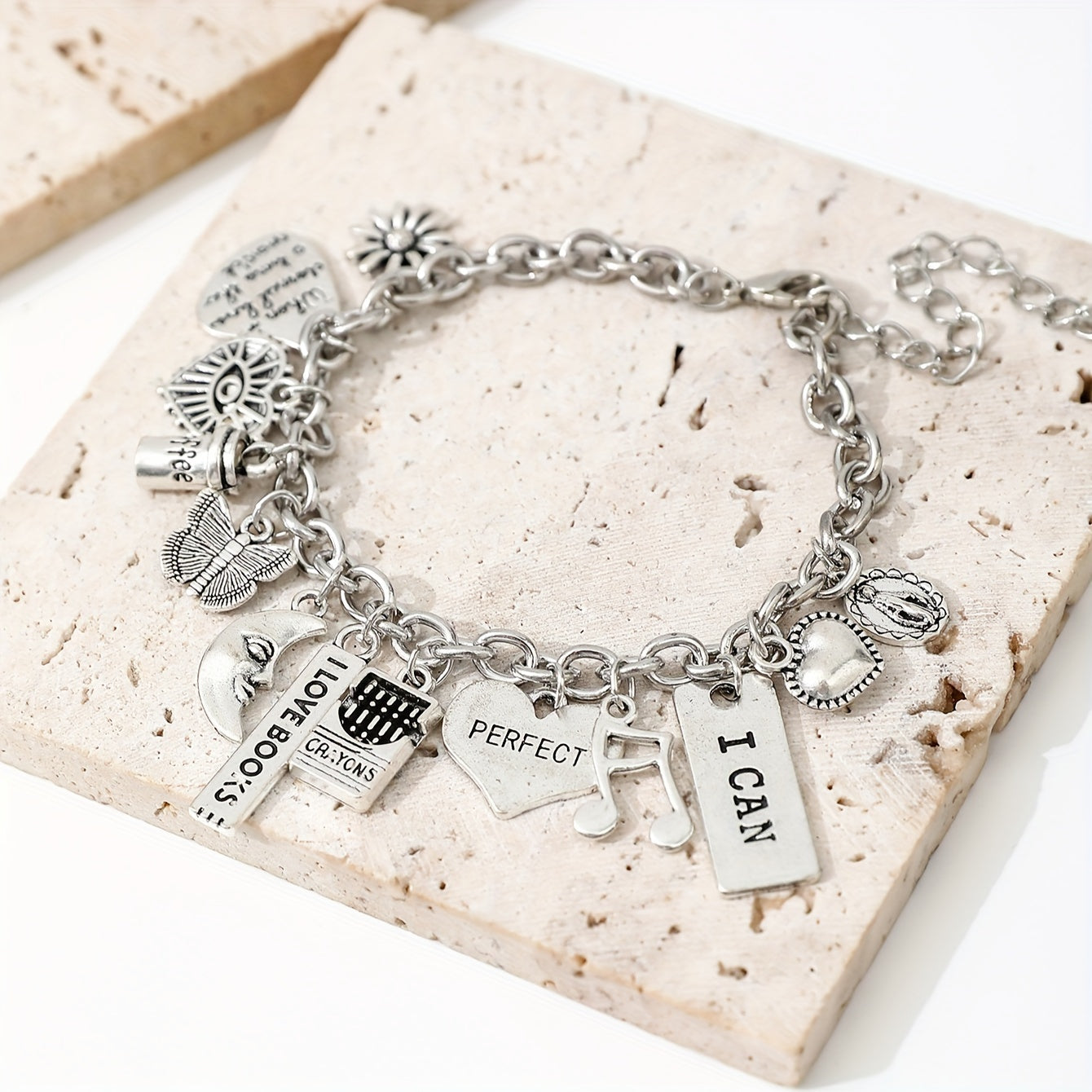 Zimonto - 1pc Iron Chain Alloy Pendant Bracelet Fashion Personality Coffee Cup Moon Butterfly Love Letters ICAN Musical Note Pendant Bracelet Gift for Sisters and Couples