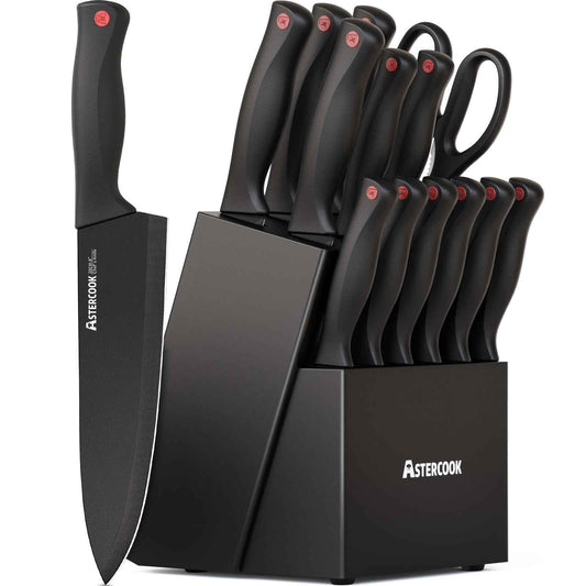 Astercook 15-Piece Knife Set With Built-In Sharpener, Sleek Black Block, Stainless Steel Durability