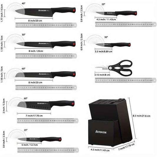 Astercook 15Piece Knife Set with BuiltIn Sharpener Black