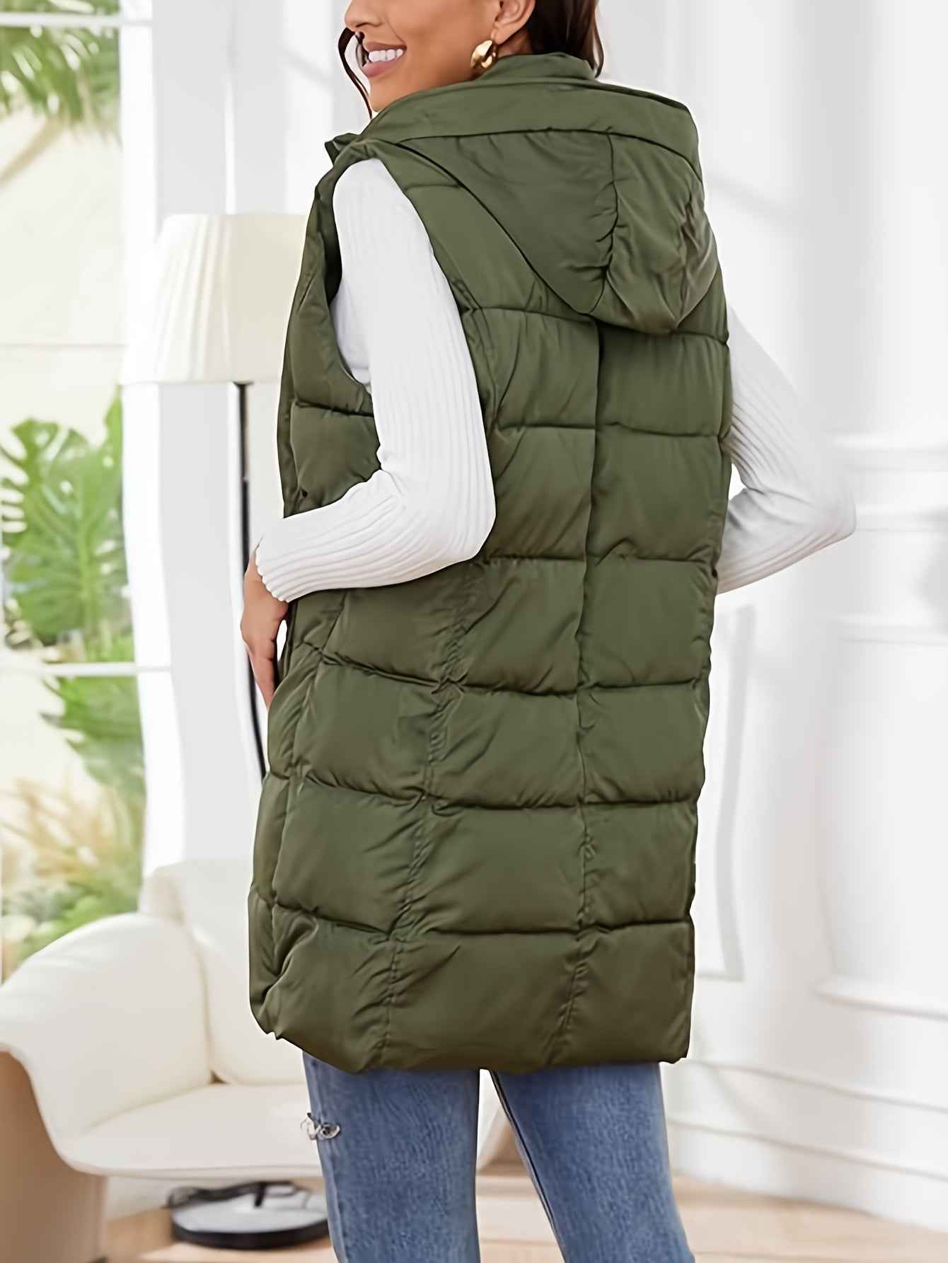Womens Long Sleeveless Puffer Vest with Removable Hood