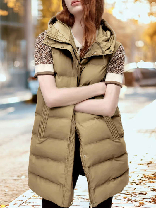 Womens Long Sleeveless Puffer Vest with Removable Hood