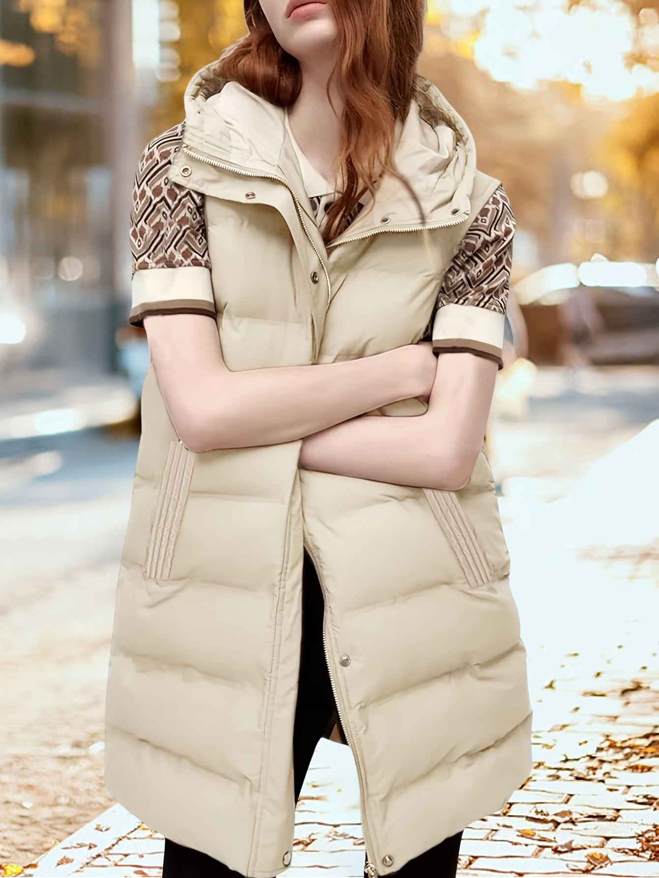 Womens Long Sleeveless Puffer Vest with Removable Hood