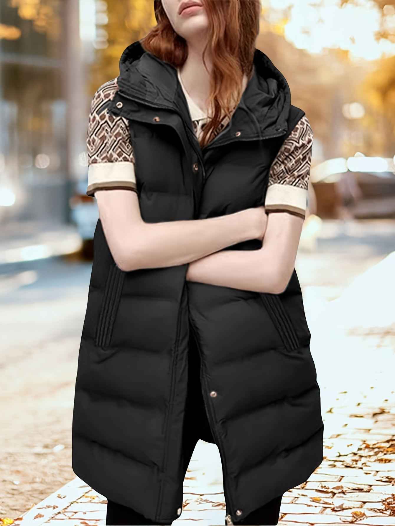 Womens Long Sleeveless Puffer Vest with Removable Hood