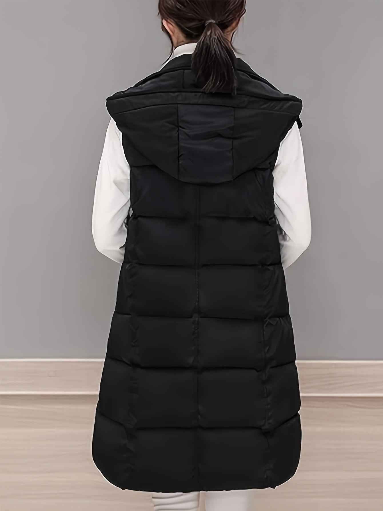 Womens Long Sleeveless Puffer Vest with Removable Hood