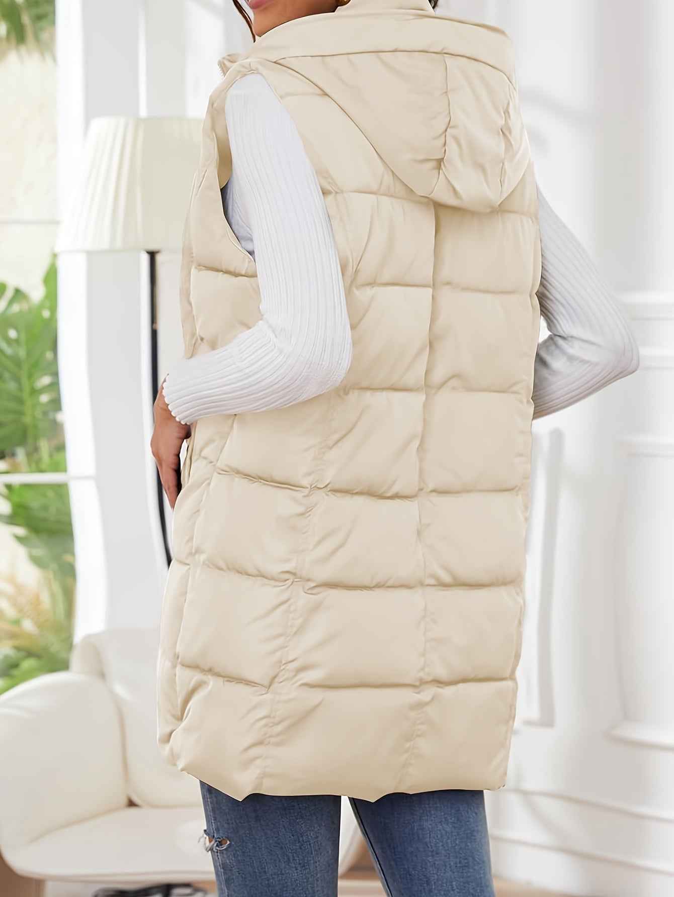 Womens Long Sleeveless Puffer Vest with Removable Hood
