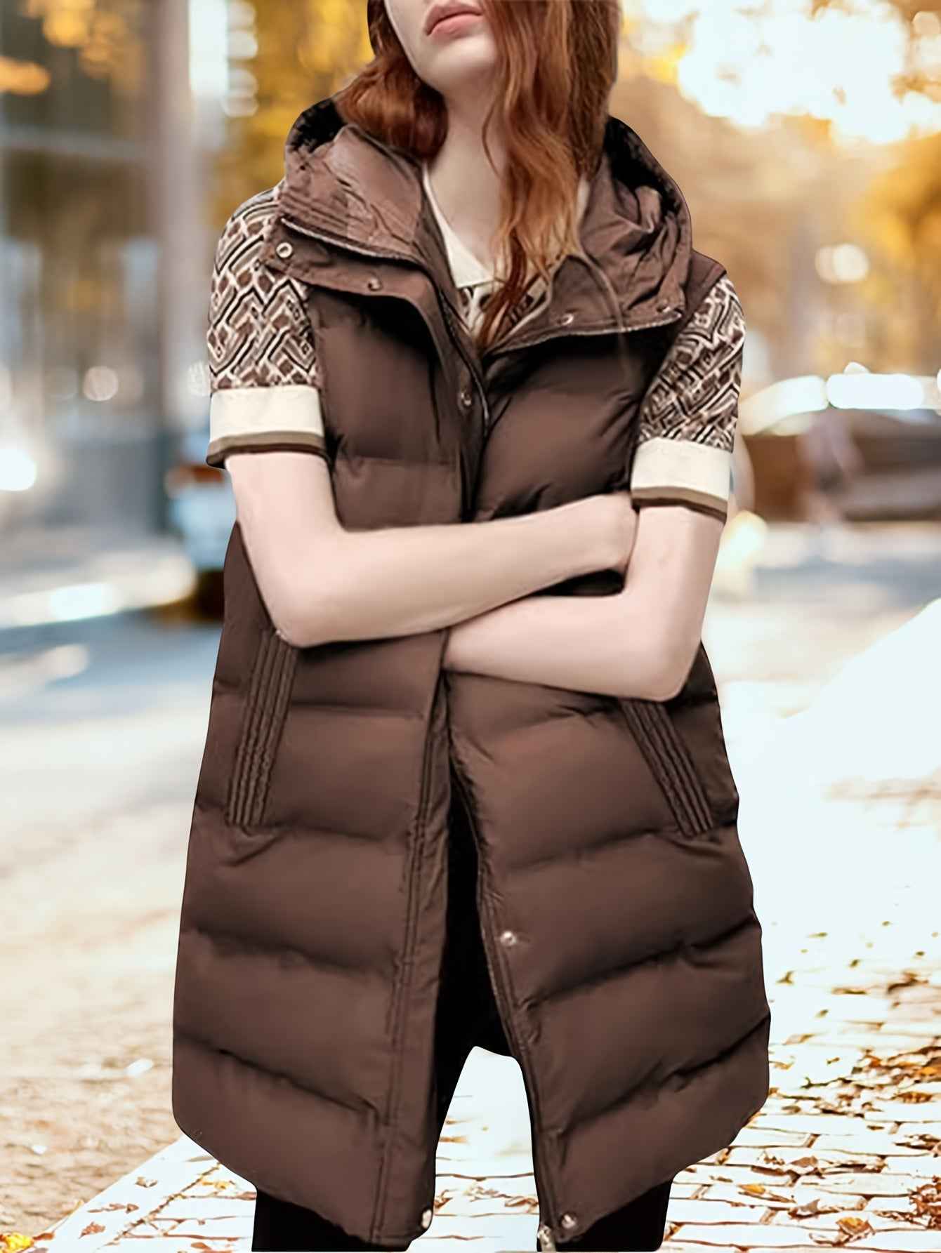 Womens Long Sleeveless Puffer Vest with Removable Hood