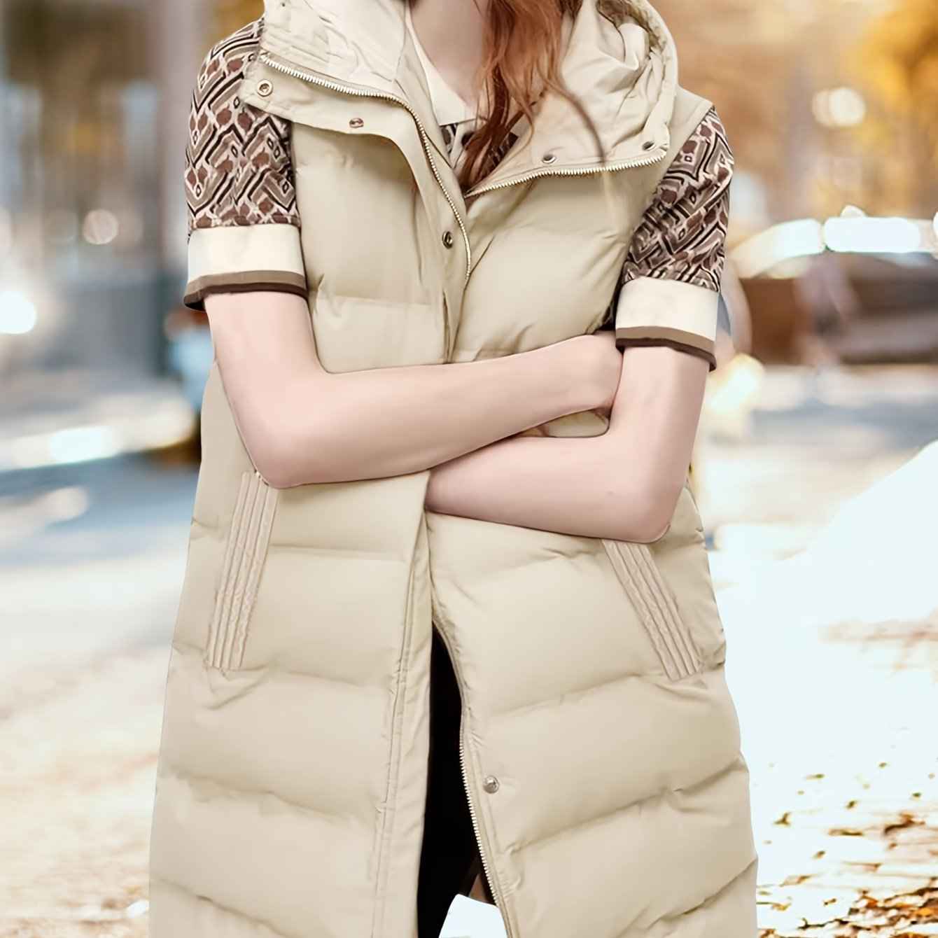Womens Long Sleeveless Puffer Vest with Removable Hood