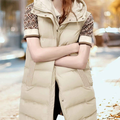 Womens Long Sleeveless Puffer Vest with Removable Hood