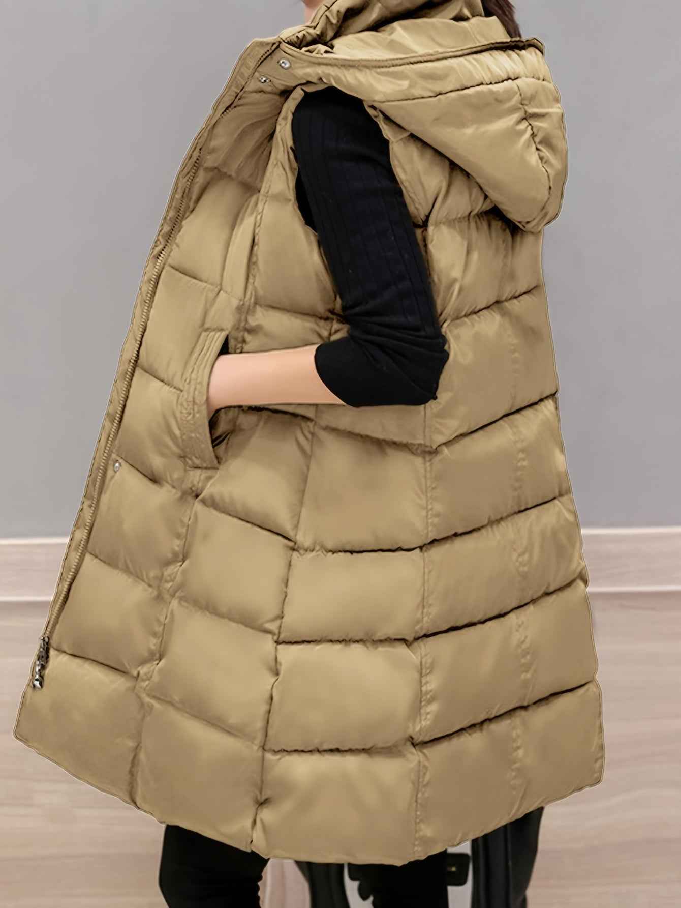 Womens Long Sleeveless Puffer Vest with Removable Hood