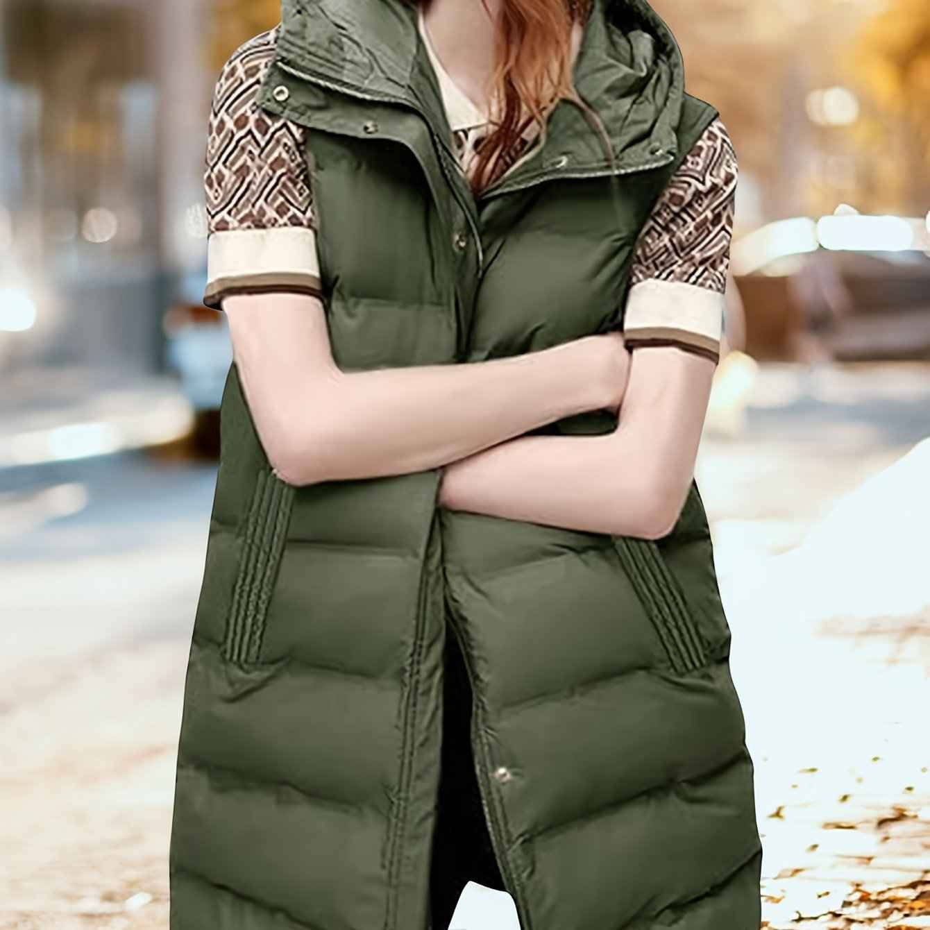 Womens Long Sleeveless Puffer Vest with Removable Hood