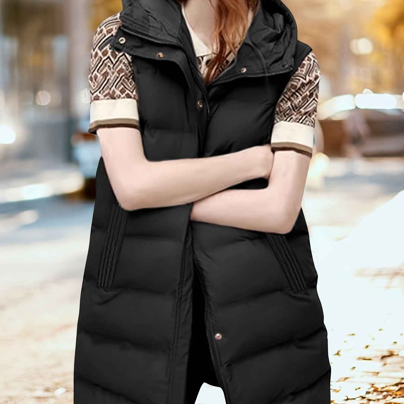 Womens Long Sleeveless Puffer Vest with Removable Hood