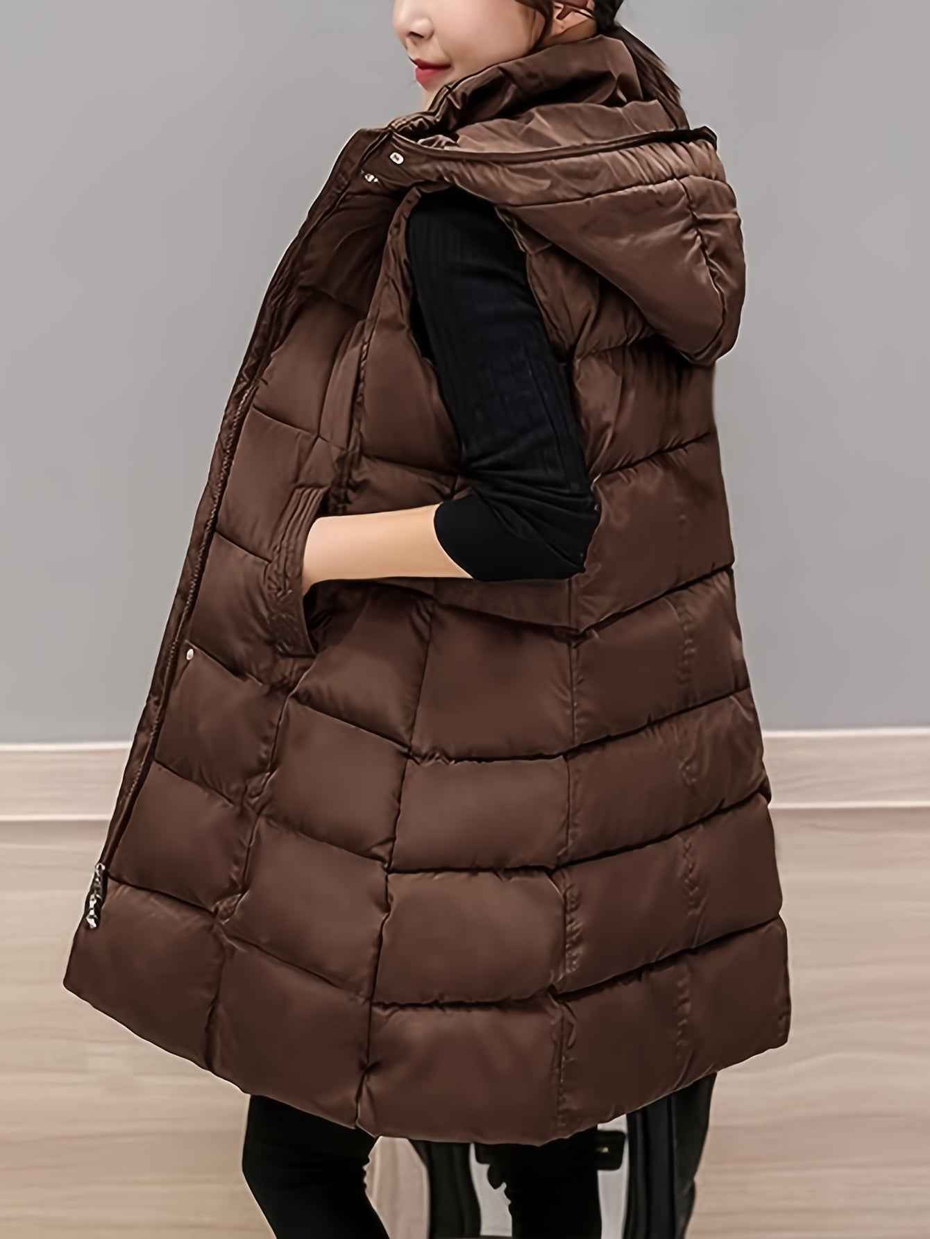 Womens Long Sleeveless Puffer Vest with Removable Hood