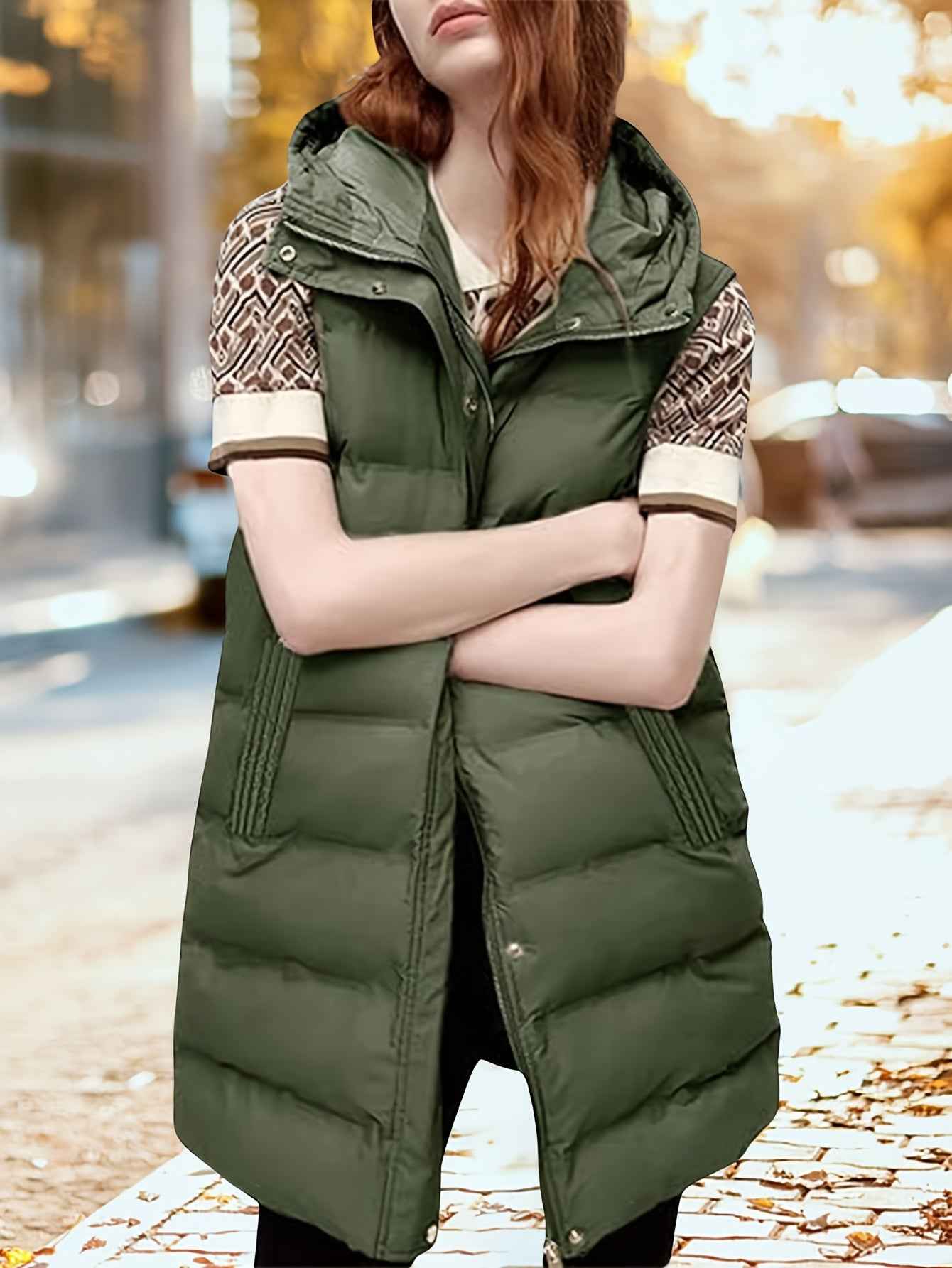Womens Long Sleeveless Puffer Vest with Removable Hood