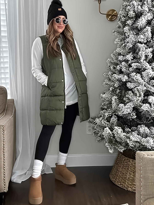 Womens Long Sleeveless Puffer Vest with Removable Hood