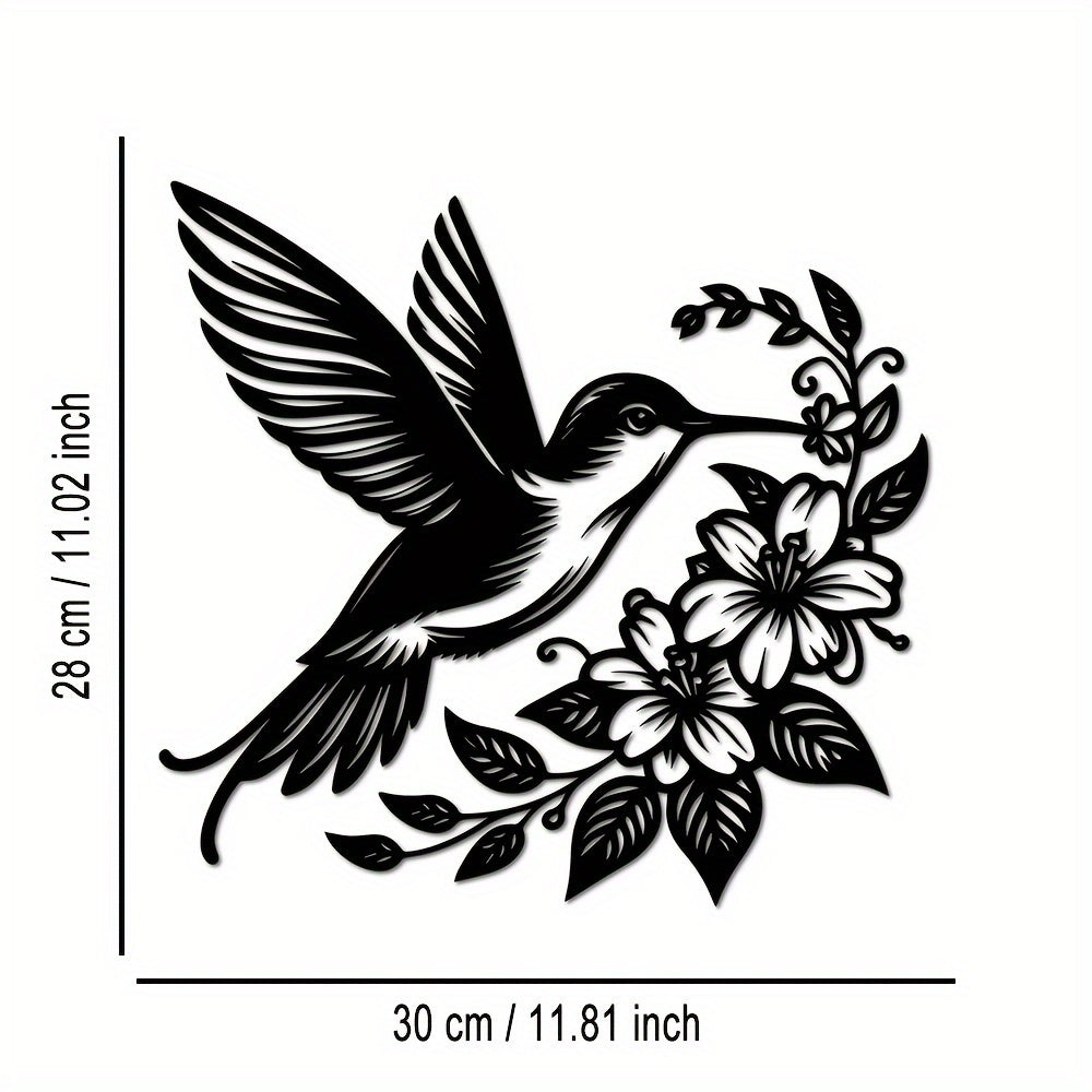 Zimonto - 1pc Hummingbird & Flowers Metal Wall Art, Iron Decorative Plaque for Home, Farmhouse, Garden, Porch, Living Room, Bedroom, Dining Room Wall Hanging, Outdoor & Indoor Decoration, Gift Idea Black