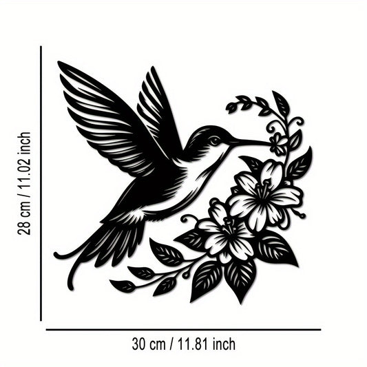 Zimonto - 1pc Hummingbird & Flowers Metal Wall Art, Iron Decorative Plaque for Home, Farmhouse, Garden, Porch, Living Room, Bedroom, Dining Room Wall Hanging, Outdoor & Indoor Decoration, Gift Idea Black