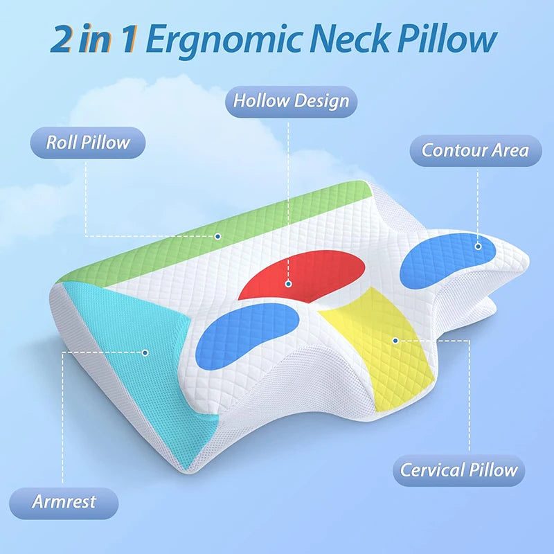 Zimonto - 1pc Memory Foam Cervical Pillow, 2 in 1 Ergonomic Contour Orthopedic Pillow for Neck Pain, Contoured Support Pillows,Neck Pillow