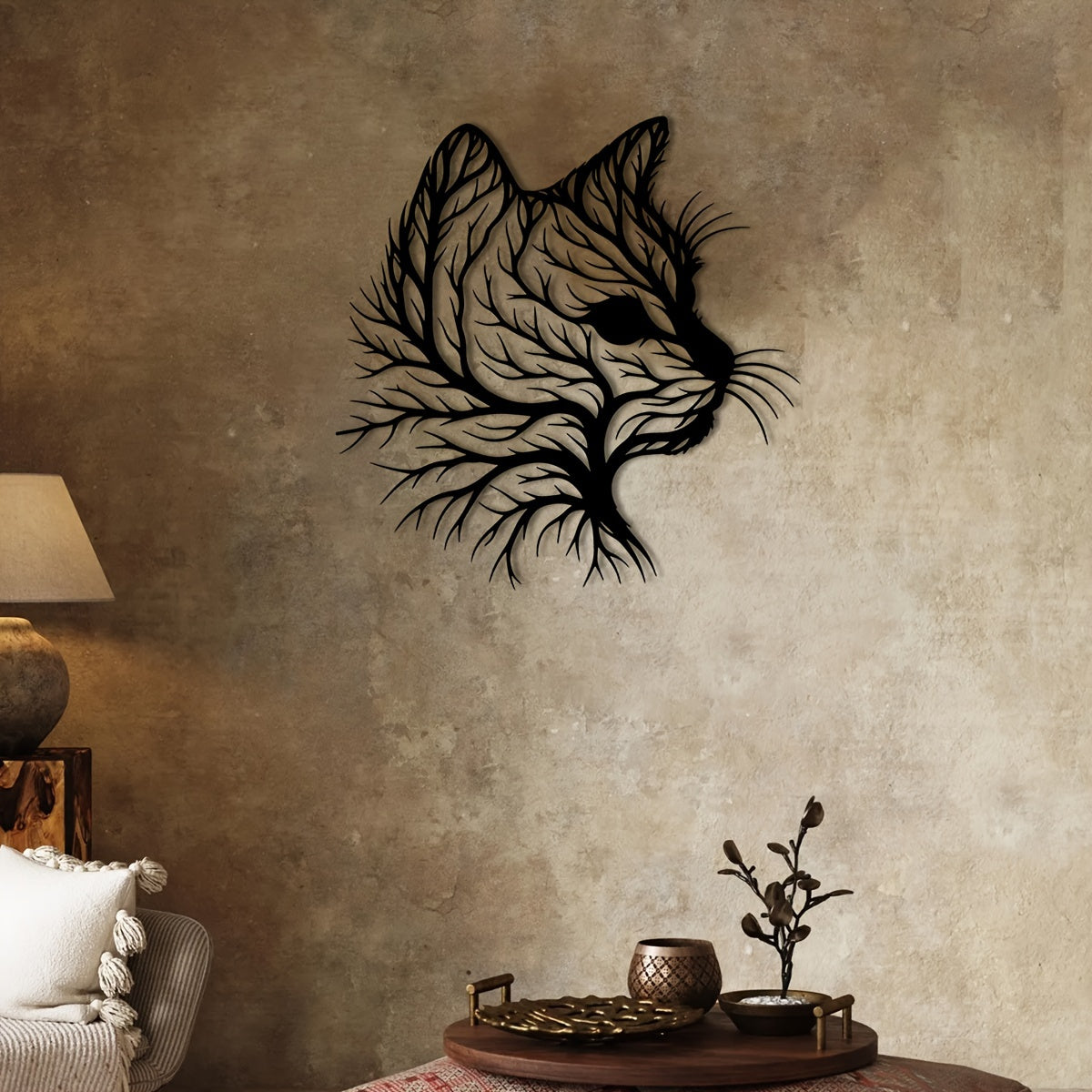 Zimonto - Elegant Cat Silhouette Tree Art Metal Wall Decor - Natural Style Home Decor, Unique Animal Enthusiast Gift, Minimalist Wall Art, Housewarming Gift for Office, Living Room, Bedroom, Kitchen, Patio - Iron Material