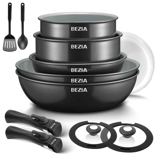 Zimonto - Induction Cookware with Healthy Ceramic Coating, Nonstick Pots and Pans Set 13pcs with Detachable Handles