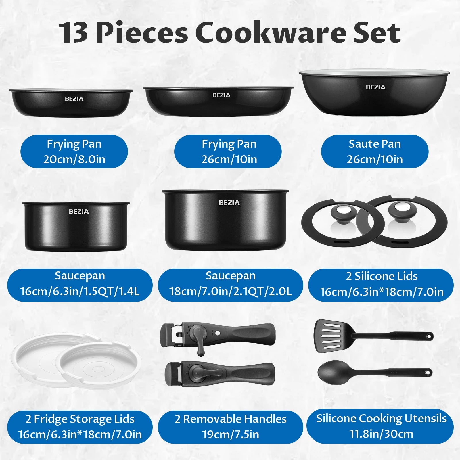 Zimonto - Induction Cookware with Healthy Ceramic Coating, Nonstick Pots and Pans Set 13pcs with Detachable Handles