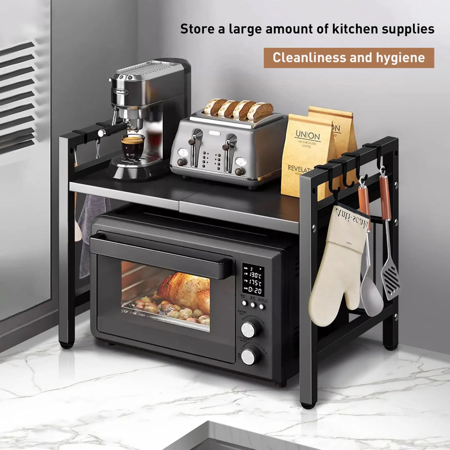 Zimonto - 1pc Expandable 42-64cm Microwave Shelf Organizer, Moisture And Rust Proof Microwave Countertop Organizer,Tableware Storage