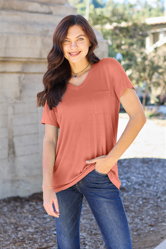 Zimonto - Basic Bae Bamboo Full Size V-Neck Short Sleeve T-Shirt Watermelon pink