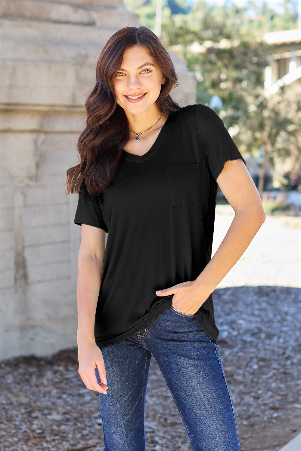 Zimonto - Basic Bae Bamboo Full Size V-Neck Short Sleeve T-Shirt Black