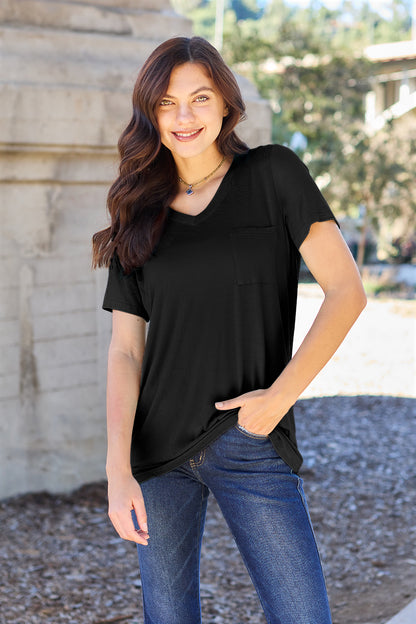 Zimonto - Basic Bae Bamboo Full Size V-Neck Short Sleeve T-Shirt Black