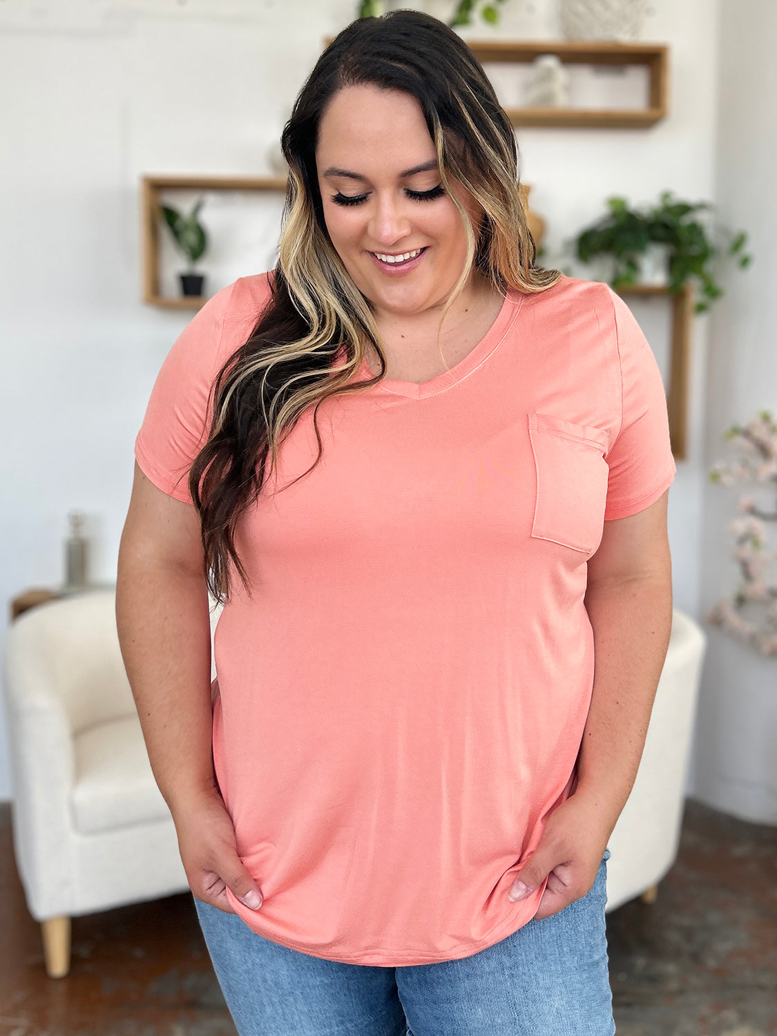 Zimonto - Basic Bae Bamboo Full Size V-Neck Short Sleeve T-Shirt