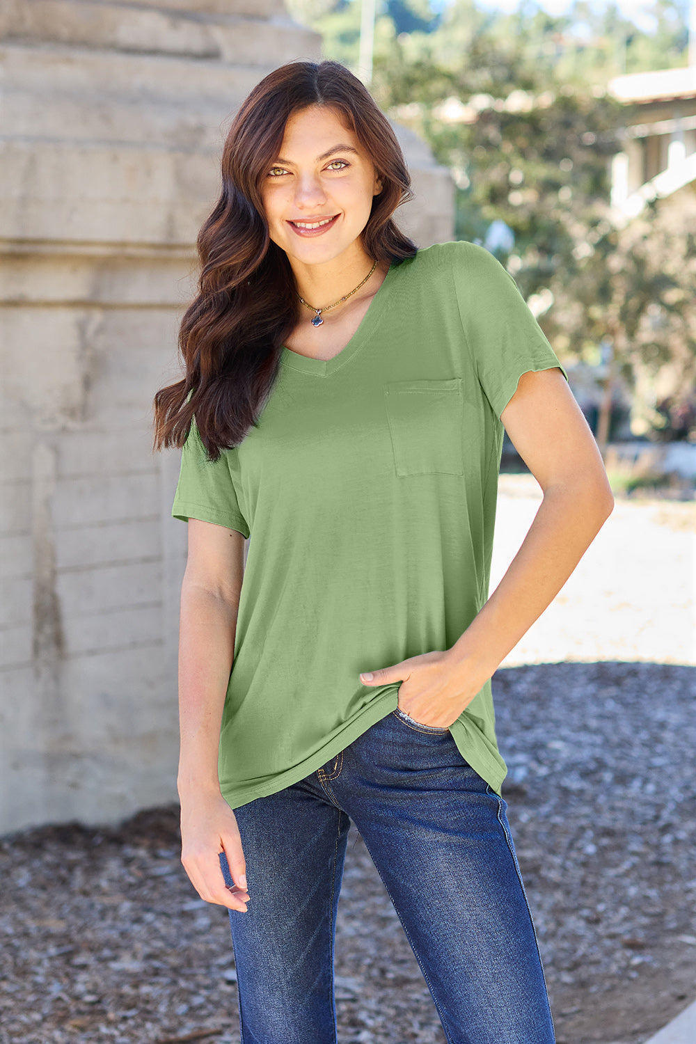 Zimonto - Basic Bae Bamboo Full Size V-Neck Short Sleeve T-Shirt Matcha Green