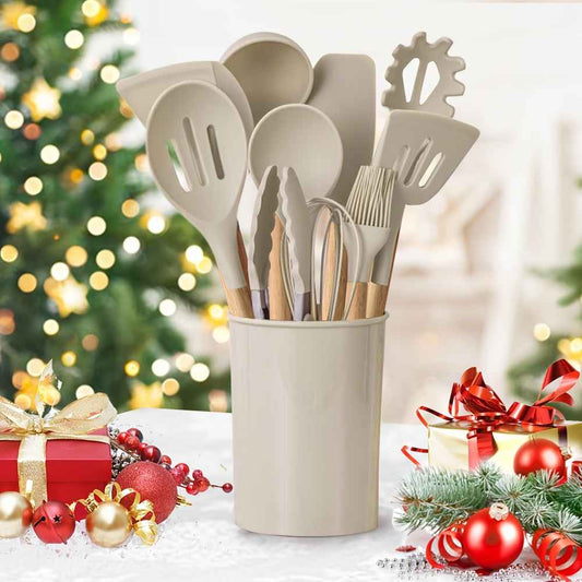 12-Piece Non-Stick Silicone Cooking Utensil Set with Wooden Handles - Heat-Resistant and Eco-Friendly