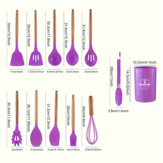 12-Piece Non-Stick Silicone Cooking Utensil Set with Wooden Handles - Heat-Resistant and Eco-Friendly