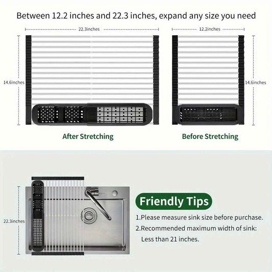 Versatile Black Stainless Steel RollUp Dish Drying Rack