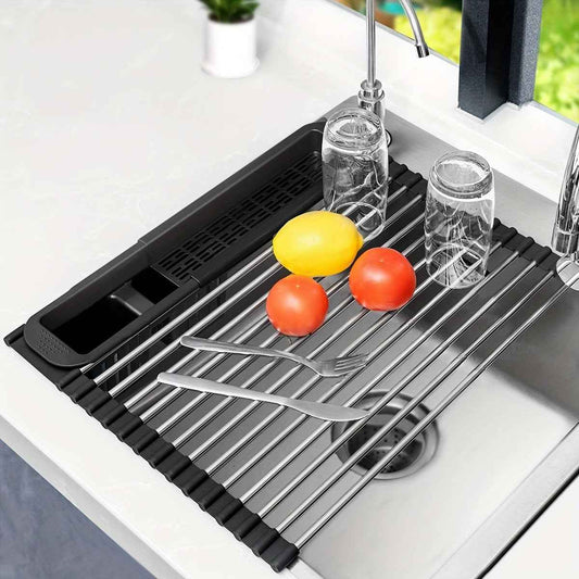 Versatile Black Stainless Steel RollUp Dish Drying Rack