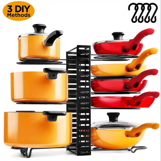 8-Tier Adjustable Iron Pot Rack Organizer with Hooks for Kitchen Storage and Display