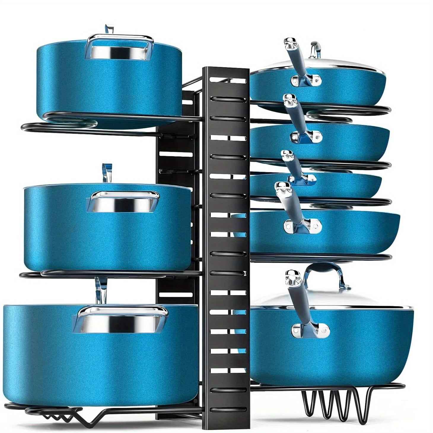 8-Tier Adjustable Iron Pot Rack Organizer with Hooks for Kitchen Storage and Display