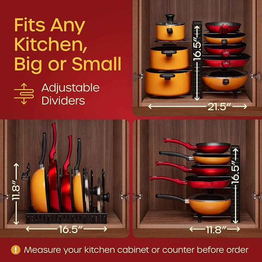 8-Tier Adjustable Iron Pot Rack Organizer with Hooks for Kitchen Storage and Display