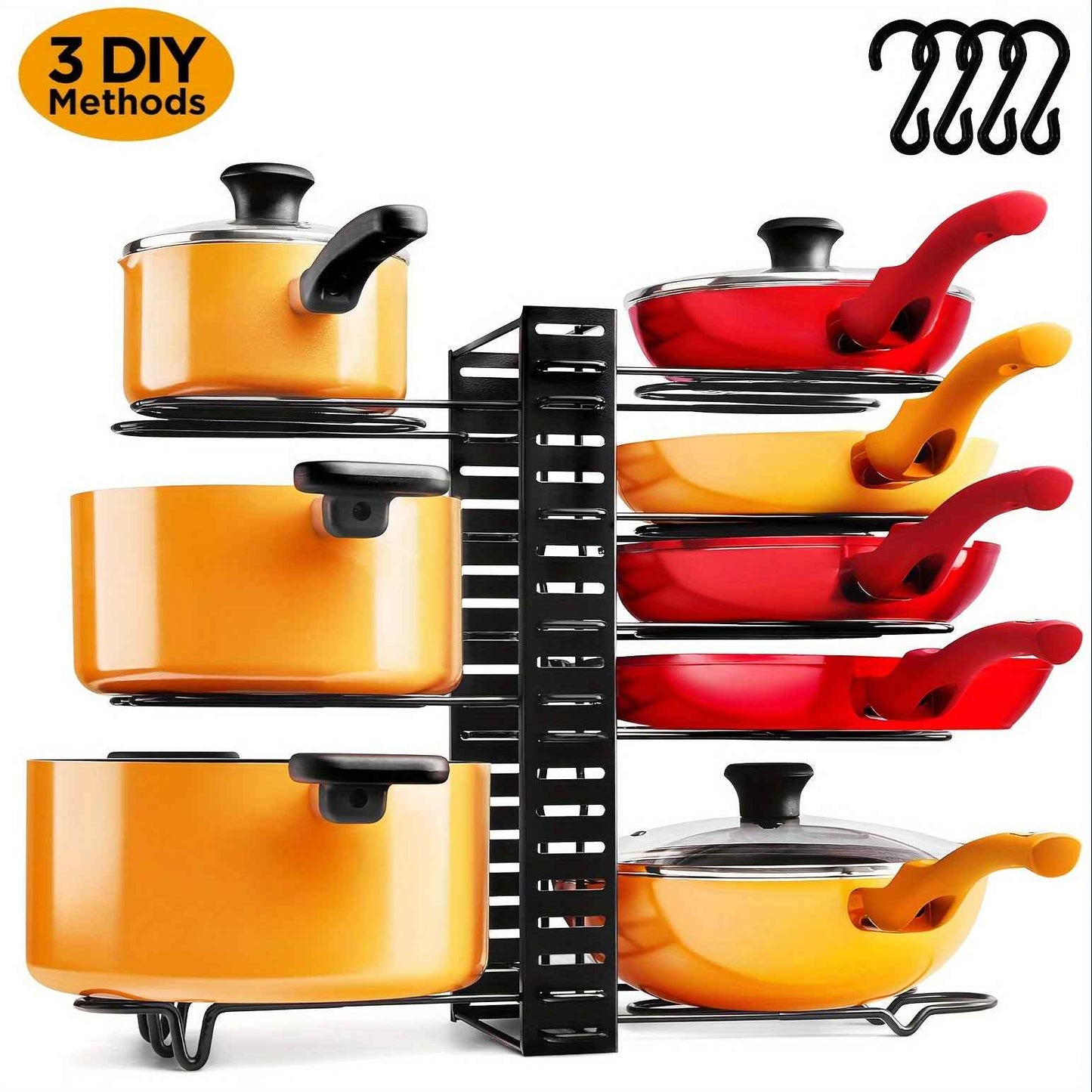 8-Tier Adjustable Pot Rack Organizer Made of Sturdy Iron with Hooks for Kitchen Storage