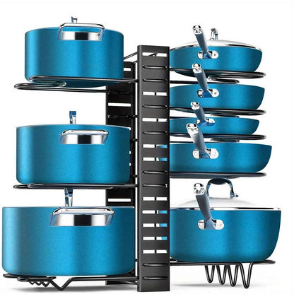 8-Tier Adjustable Pot Rack Organizer Made of Sturdy Iron with Hooks for Kitchen Storage