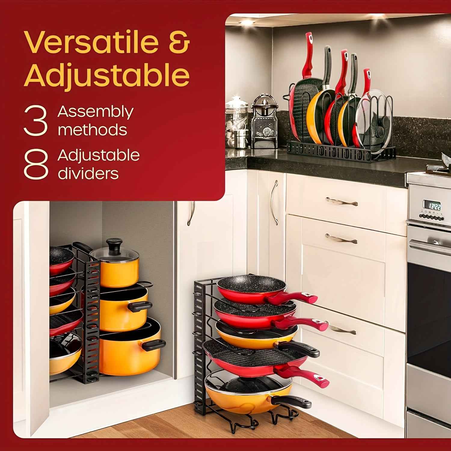 8-Tier Adjustable Pot Rack Organizer Made of Sturdy Iron with Hooks for Kitchen Storage