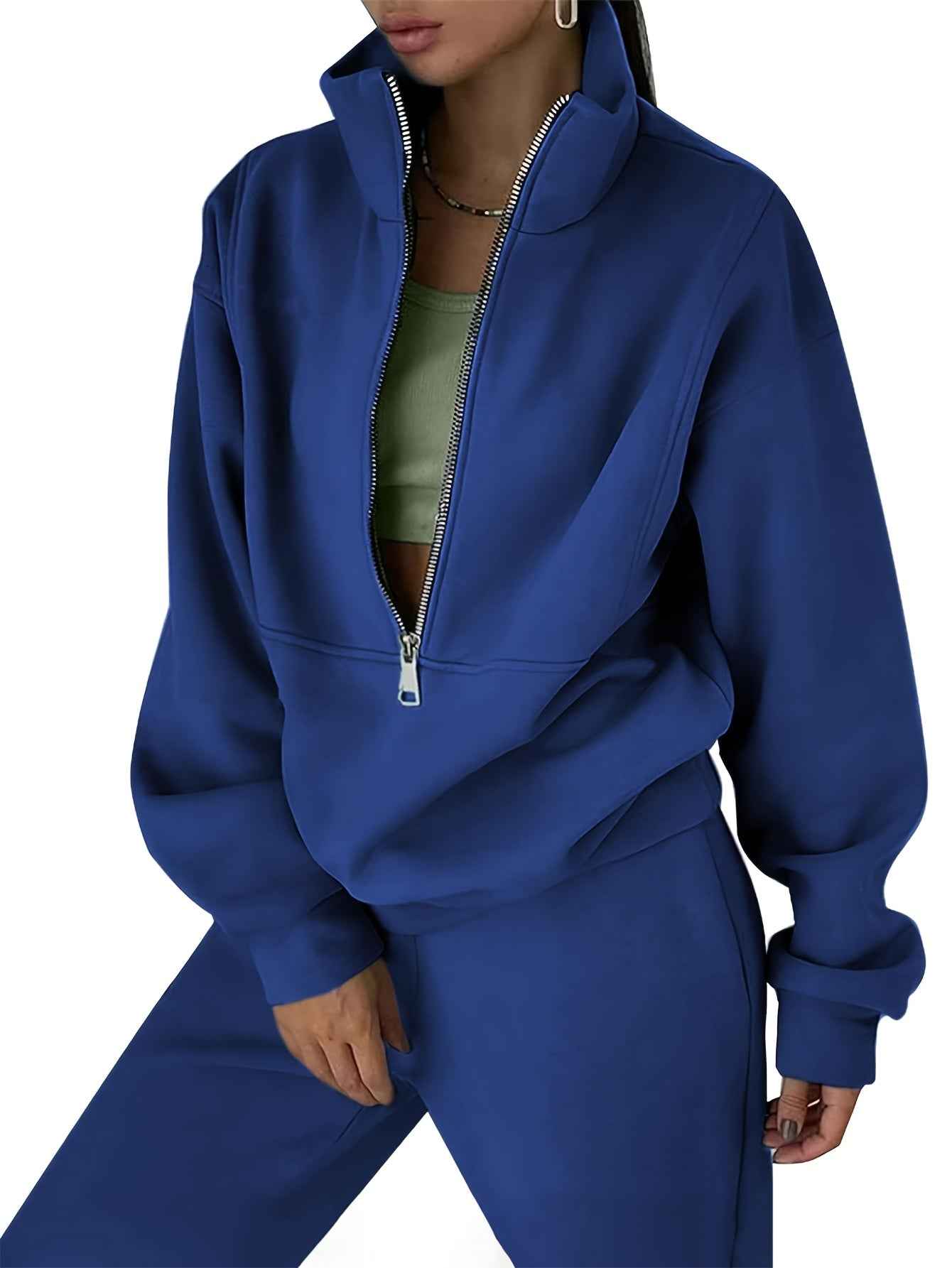 Womens Solid Color Fleece Jogger Set  HalfZip Top  Pants