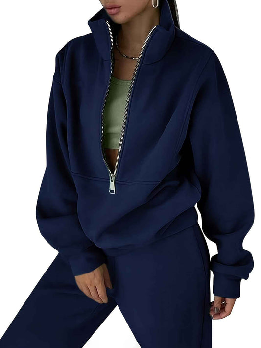 Womens Solid Color Fleece Jogger Set  HalfZip Top  Pants