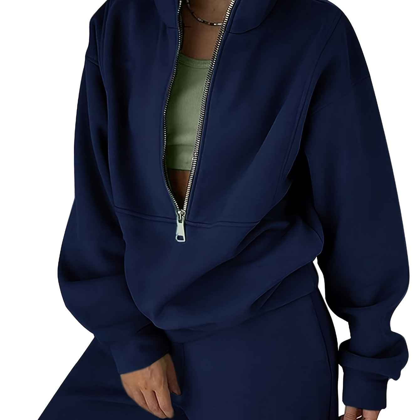 Womens Solid Color Fleece Jogger Set  HalfZip Top  Pants