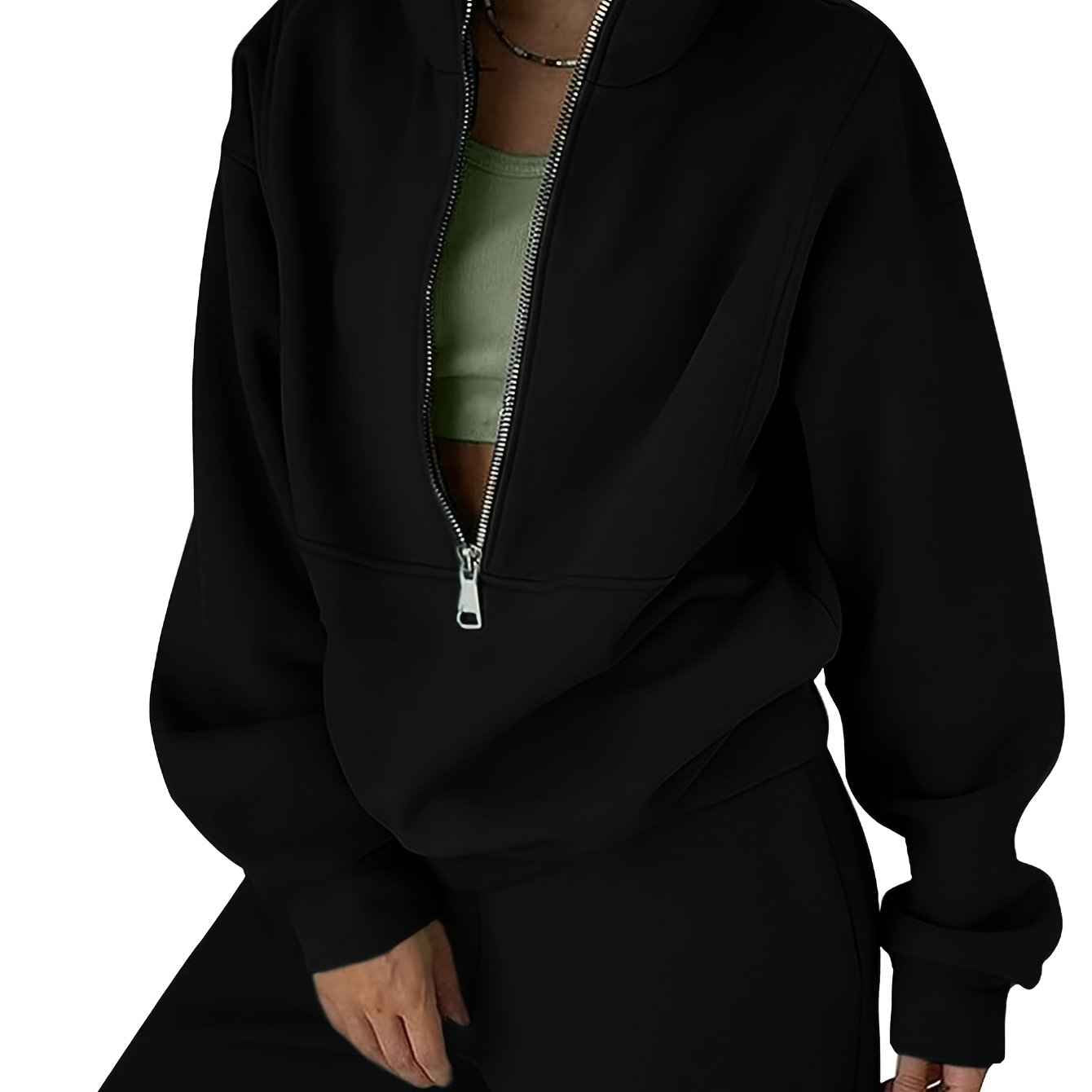 Womens Solid Color Fleece Jogger Set  HalfZip Top  Pants