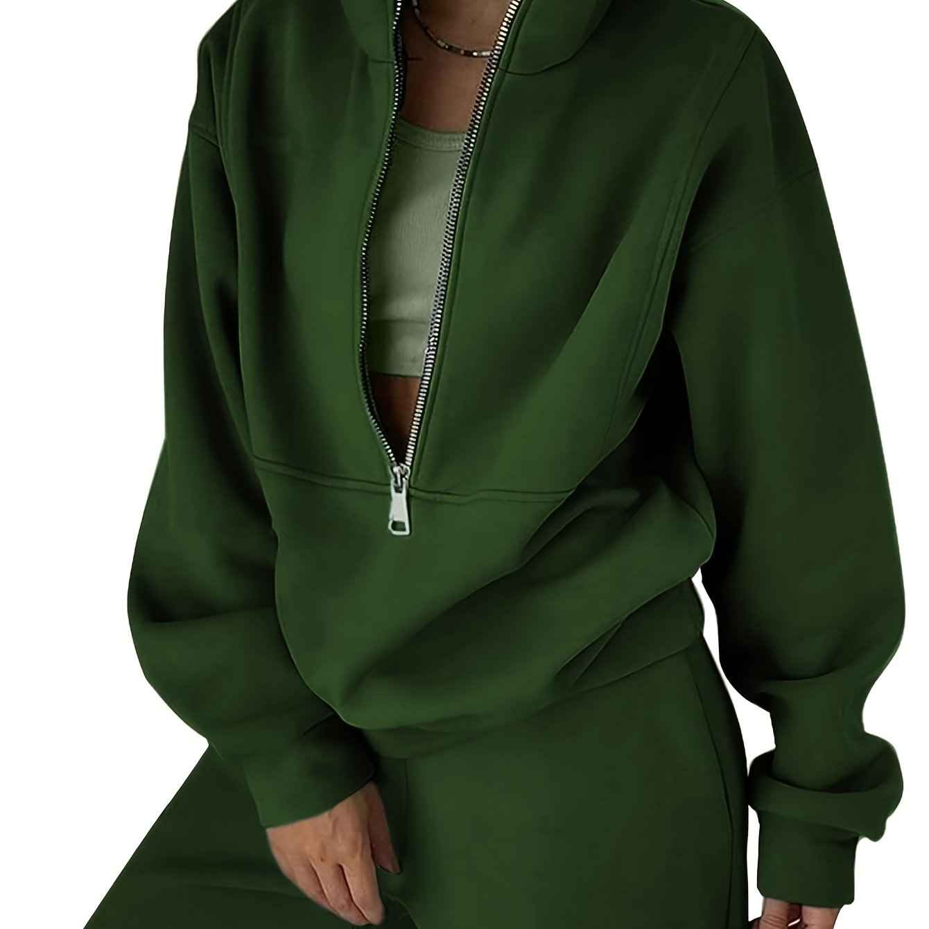 Womens Solid Color Fleece Jogger Set  HalfZip Top  Pants