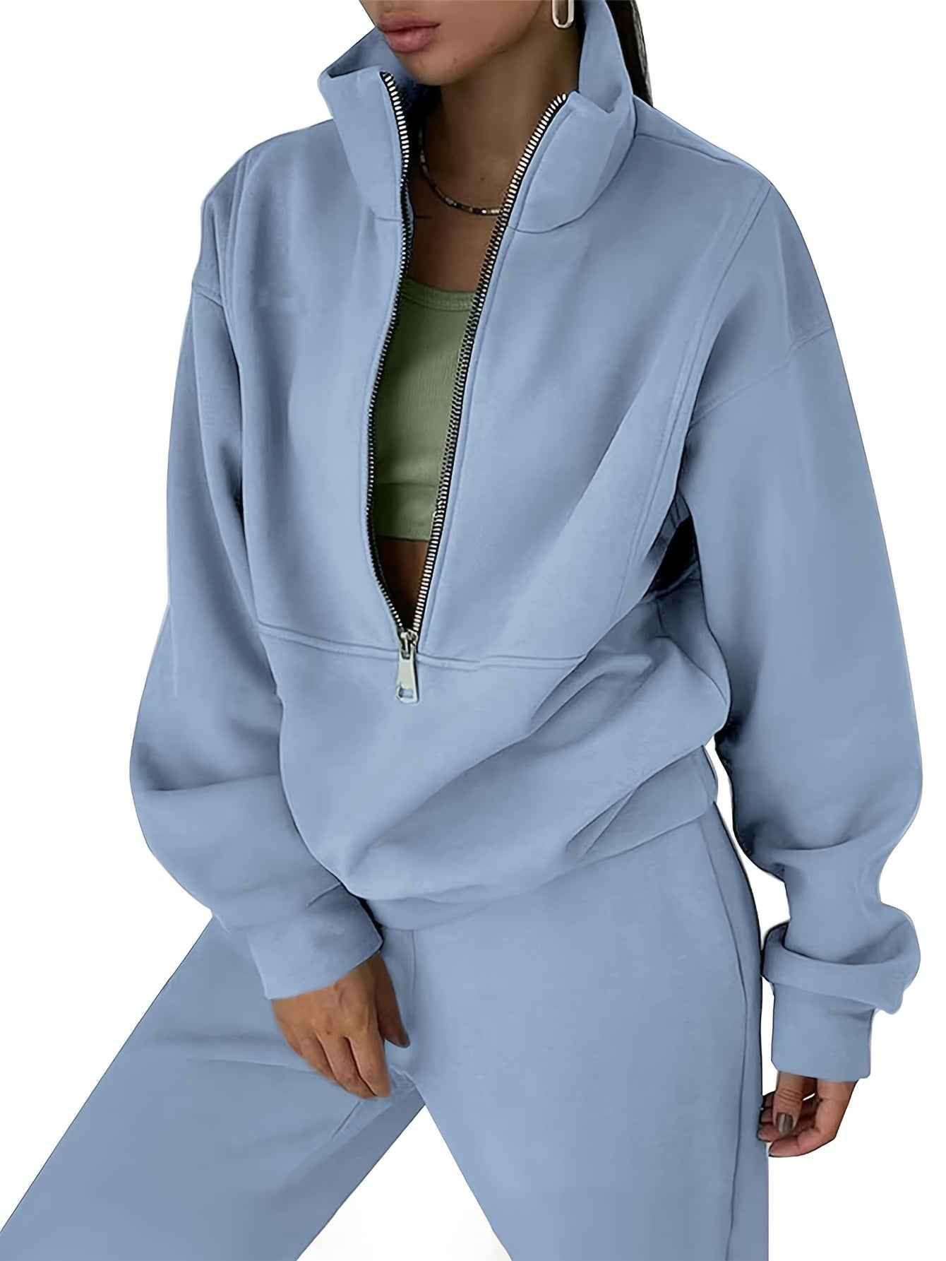 Womens Solid Color Fleece Jogger Set  HalfZip Top  Pants