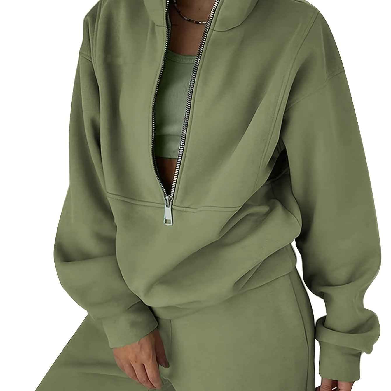 Womens Solid Color Fleece Jogger Set  HalfZip Top  Pants