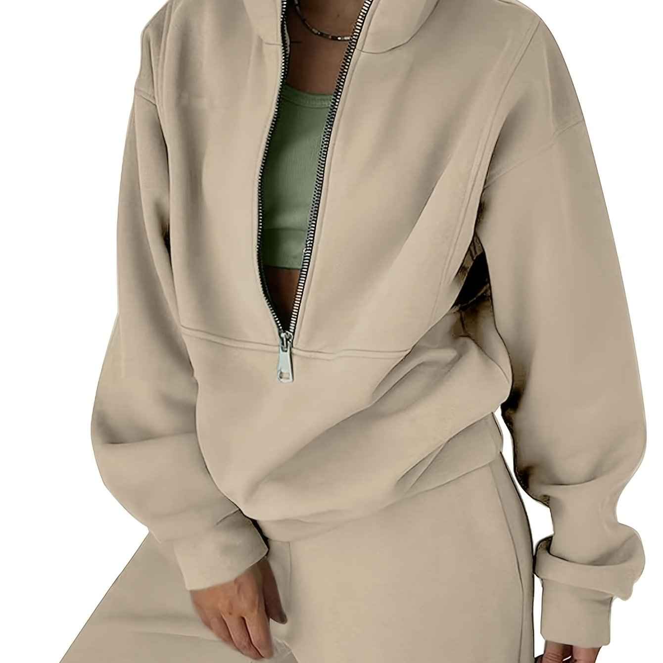 Womens Solid Color Fleece Jogger Set  HalfZip Top  Pants