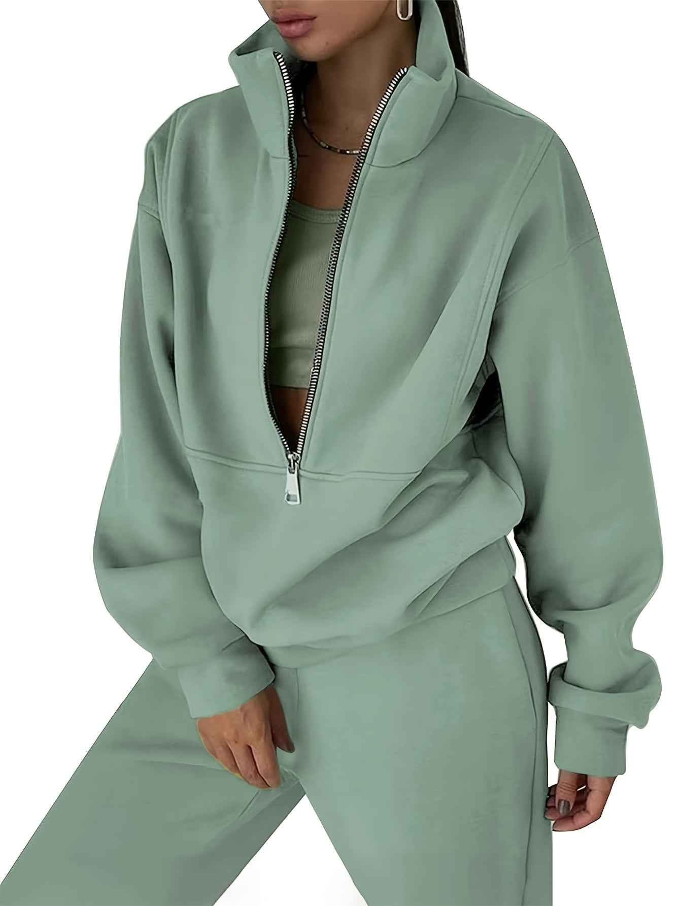 Womens Solid Color Fleece Jogger Set  HalfZip Top  Pants