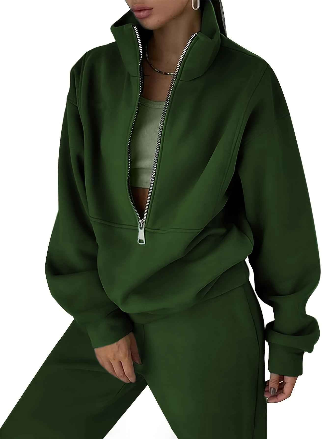 Womens Solid Color Fleece Jogger Set  HalfZip Top  Pants